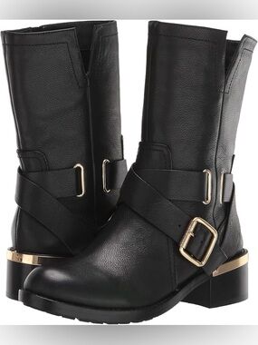 Vince Camuto Black Mid-Calf Buckle Combat Boots with Gold Hardware